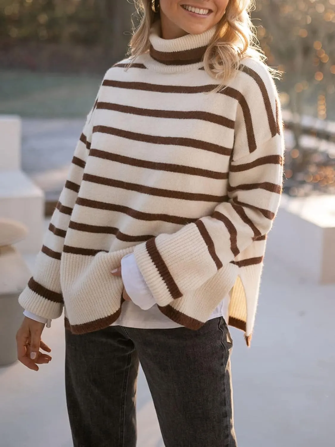 2024 Women's Long Sleeve Striped Sweater Turtleneck Casual Loose Side Split Ribbed Knit Oversized Pullover Jumper Tops