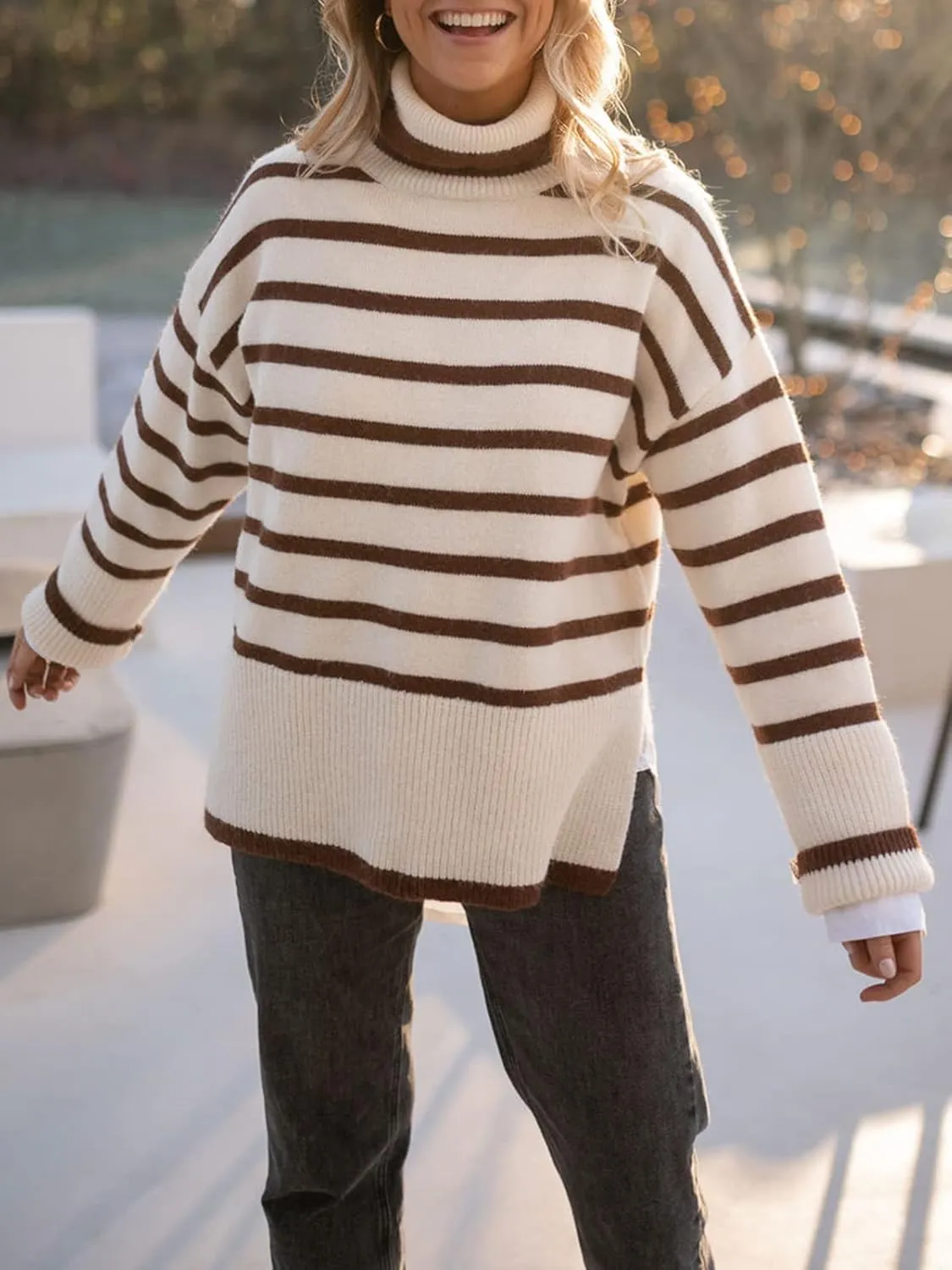 2024 Women's Long Sleeve Striped Sweater Turtleneck Casual Loose Side Split Ribbed Knit Oversized Pullover Jumper Tops