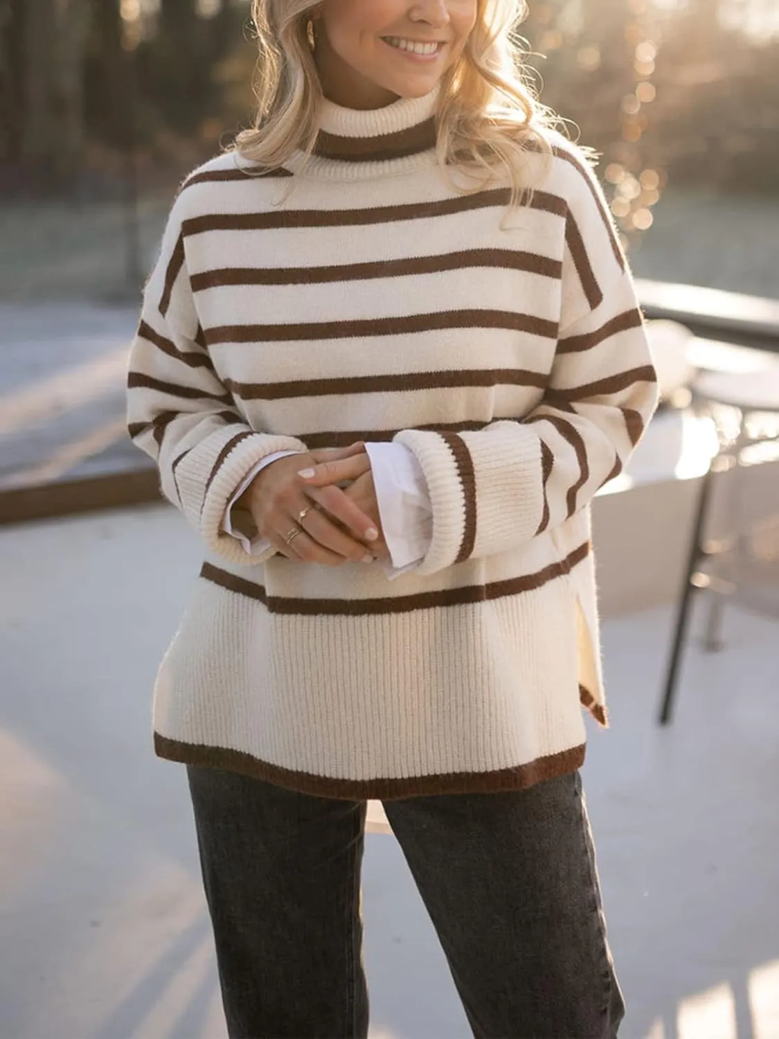 2024 Women's Long Sleeve Striped Sweater Turtleneck Casual Loose Side Split Ribbed Knit Oversized Pullover Jumper Tops