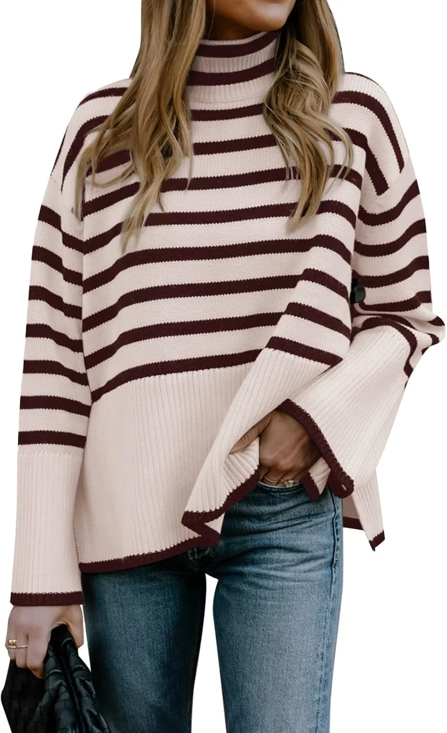 2024 Women's Long Sleeve Striped Sweater Turtleneck Casual Loose Side Split Ribbed Knit Oversized Pullover Jumper Tops