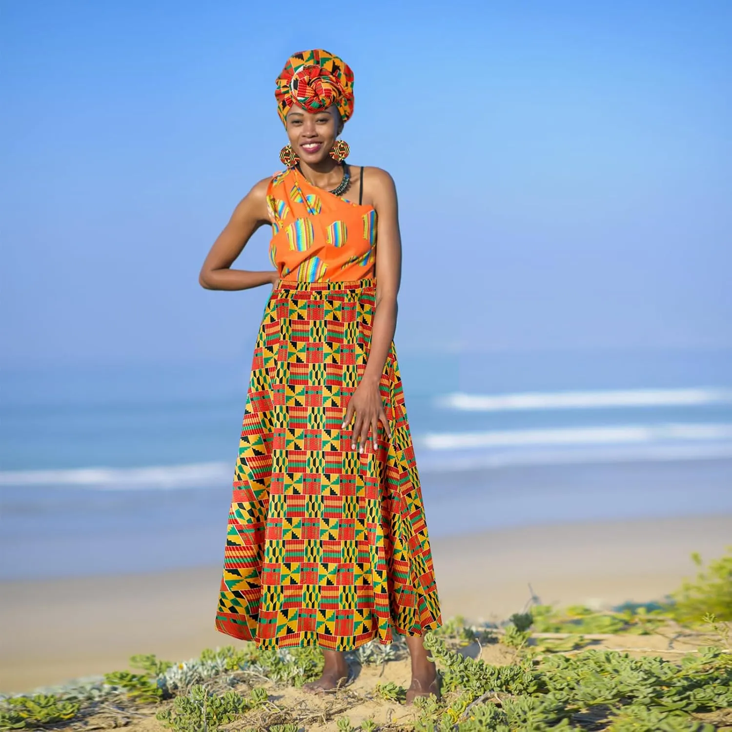 4 PCS African Printed Maxi Skirt for Women Outfit Traditional Printed Costume Set with Pockets Wooden Earrings