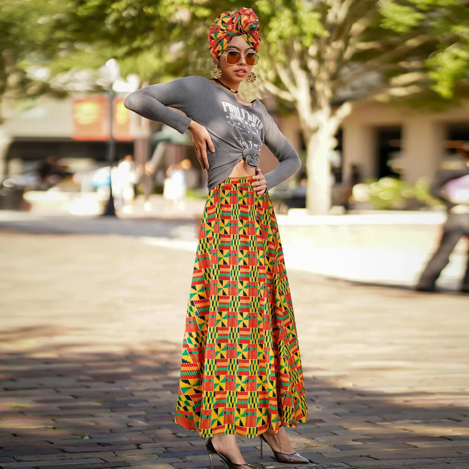 4 PCS African Printed Maxi Skirt for Women Outfit Traditional Printed Costume Set with Pockets Wooden Earrings