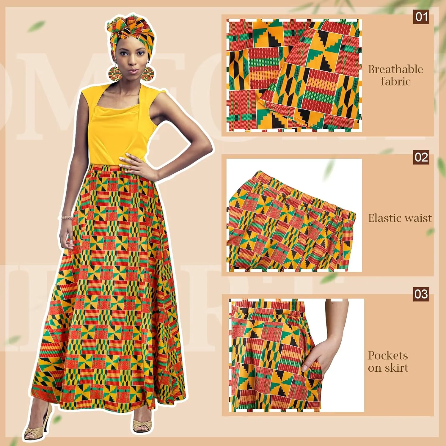4 PCS African Printed Maxi Skirt for Women Outfit Traditional Printed Costume Set with Pockets Wooden Earrings
