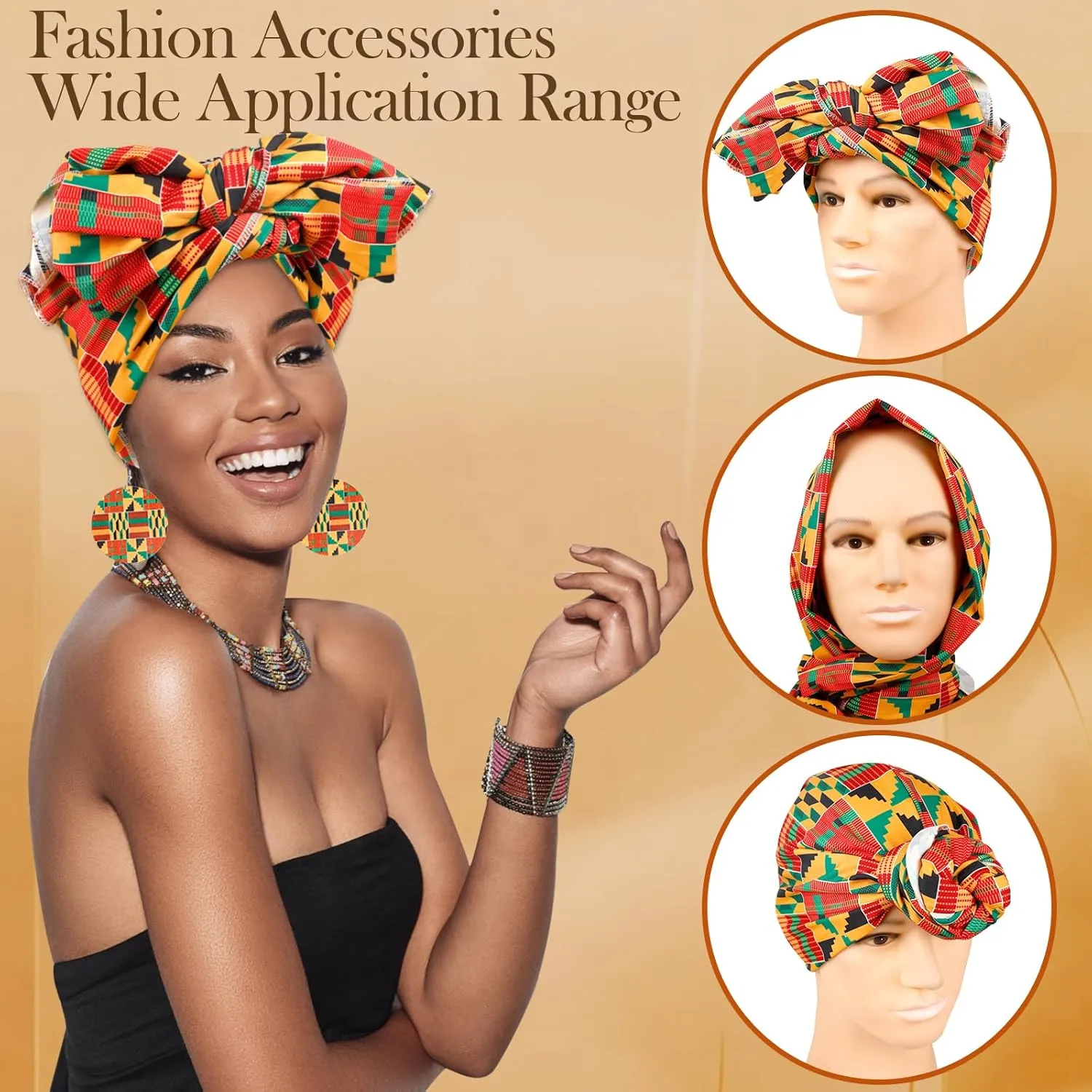 4 PCS African Printed Maxi Skirt for Women Outfit Traditional Printed Costume Set with Pockets Wooden Earrings