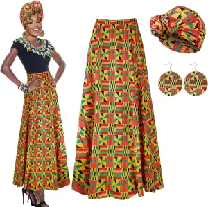 4 PCS African Printed Maxi Skirt for Women Outfit Traditional Printed Costume Set with Pockets Wooden Earrings