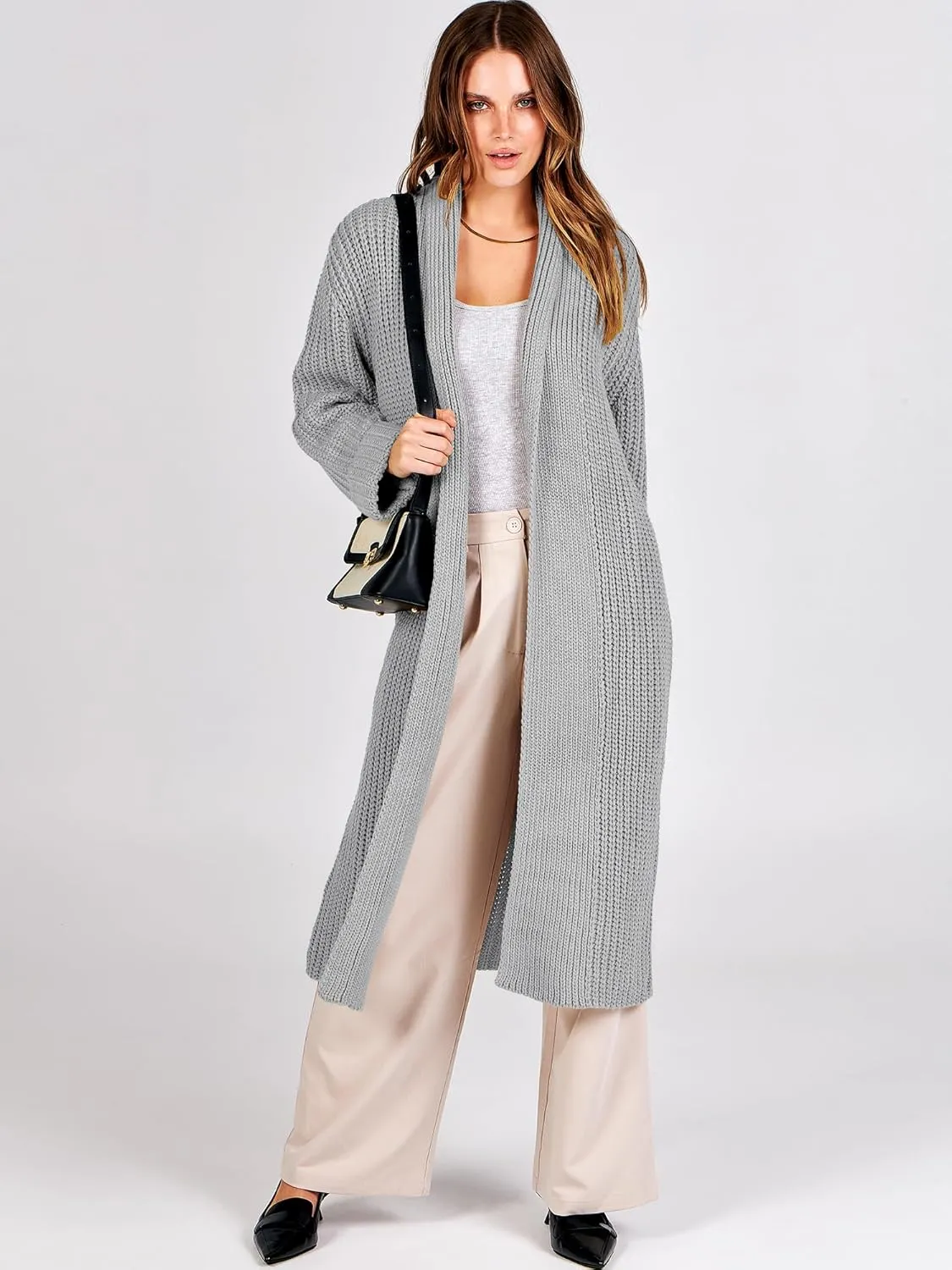 ANRABESS Women Knit Long Cardigan Long Sleeve Open Front Lapel Oversized Sweater Coat 2025 Fall Duster Outerwear Clothes