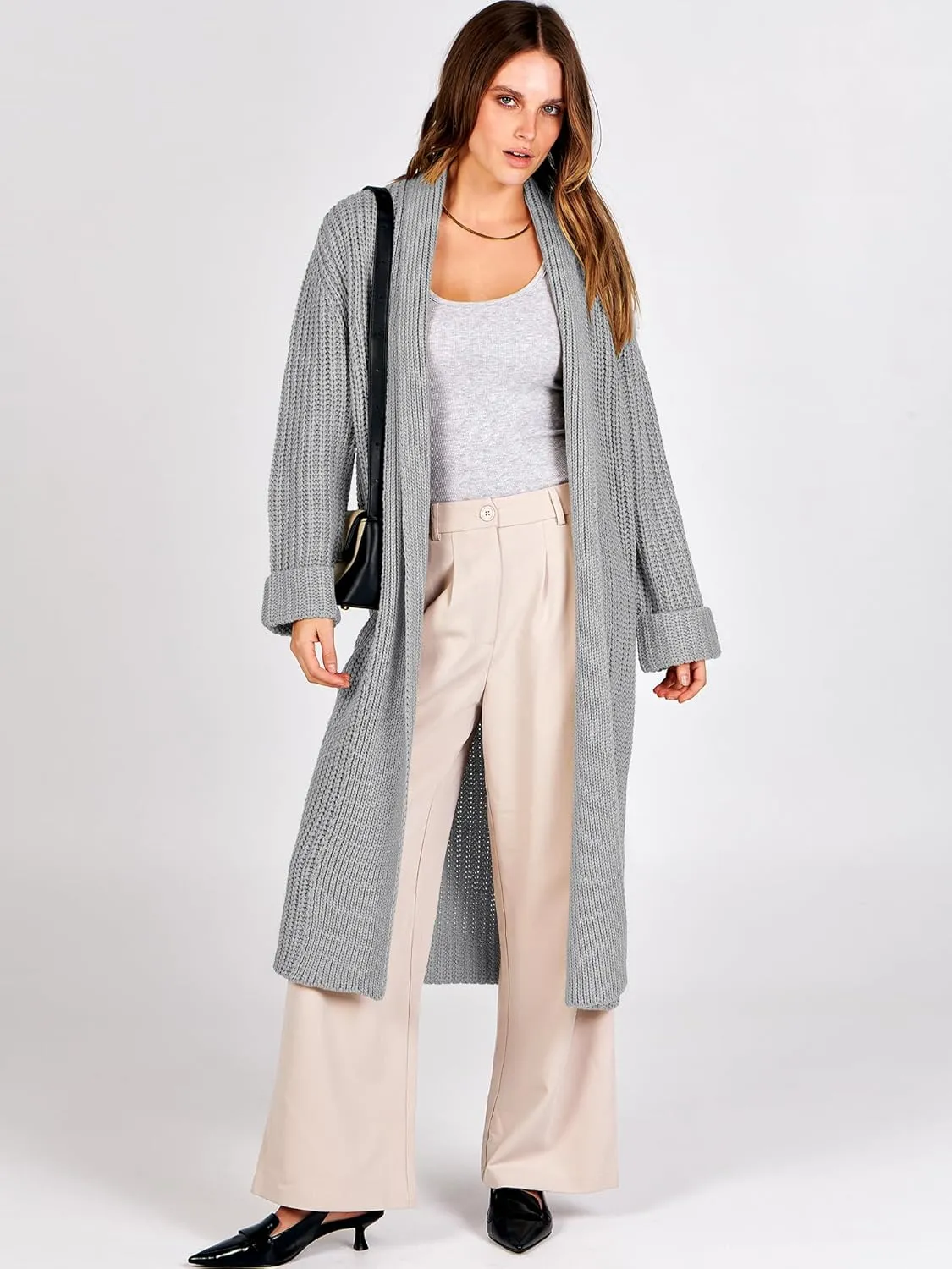 ANRABESS Women Knit Long Cardigan Long Sleeve Open Front Lapel Oversized Sweater Coat 2025 Fall Duster Outerwear Clothes