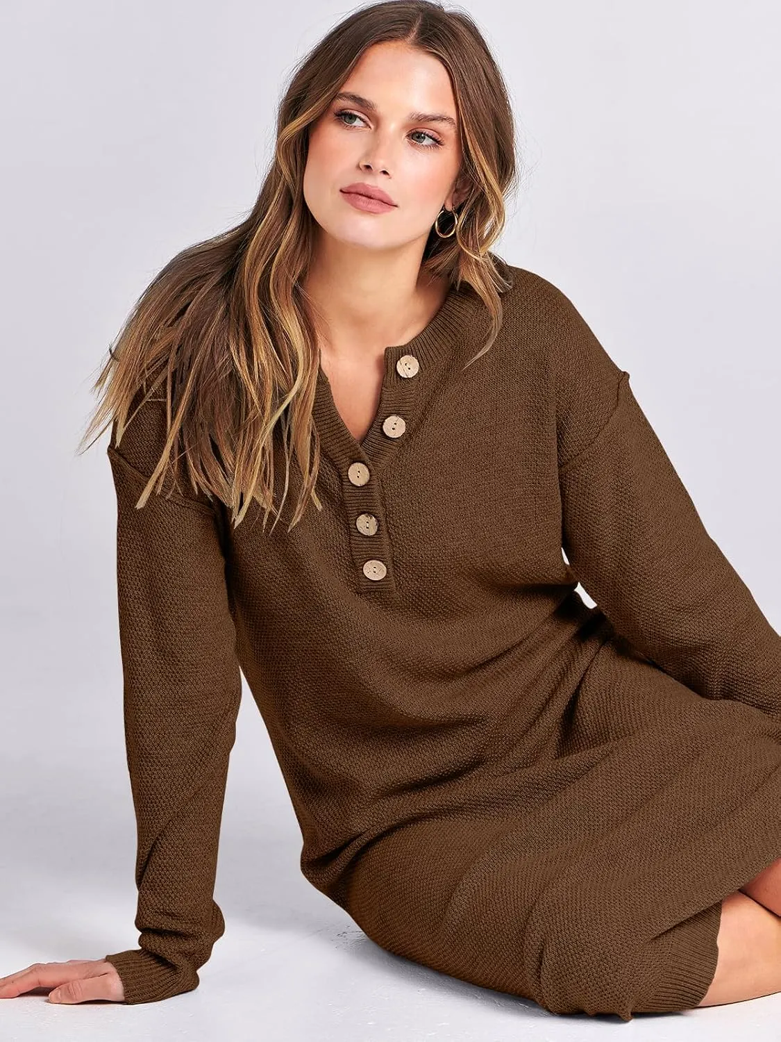ANRABESS Women Long Sleeve Button V Neck Oversized Casual Loose Fit Waffle Knit Fall Midi Sweater Dress 2025 Trendy Outfits