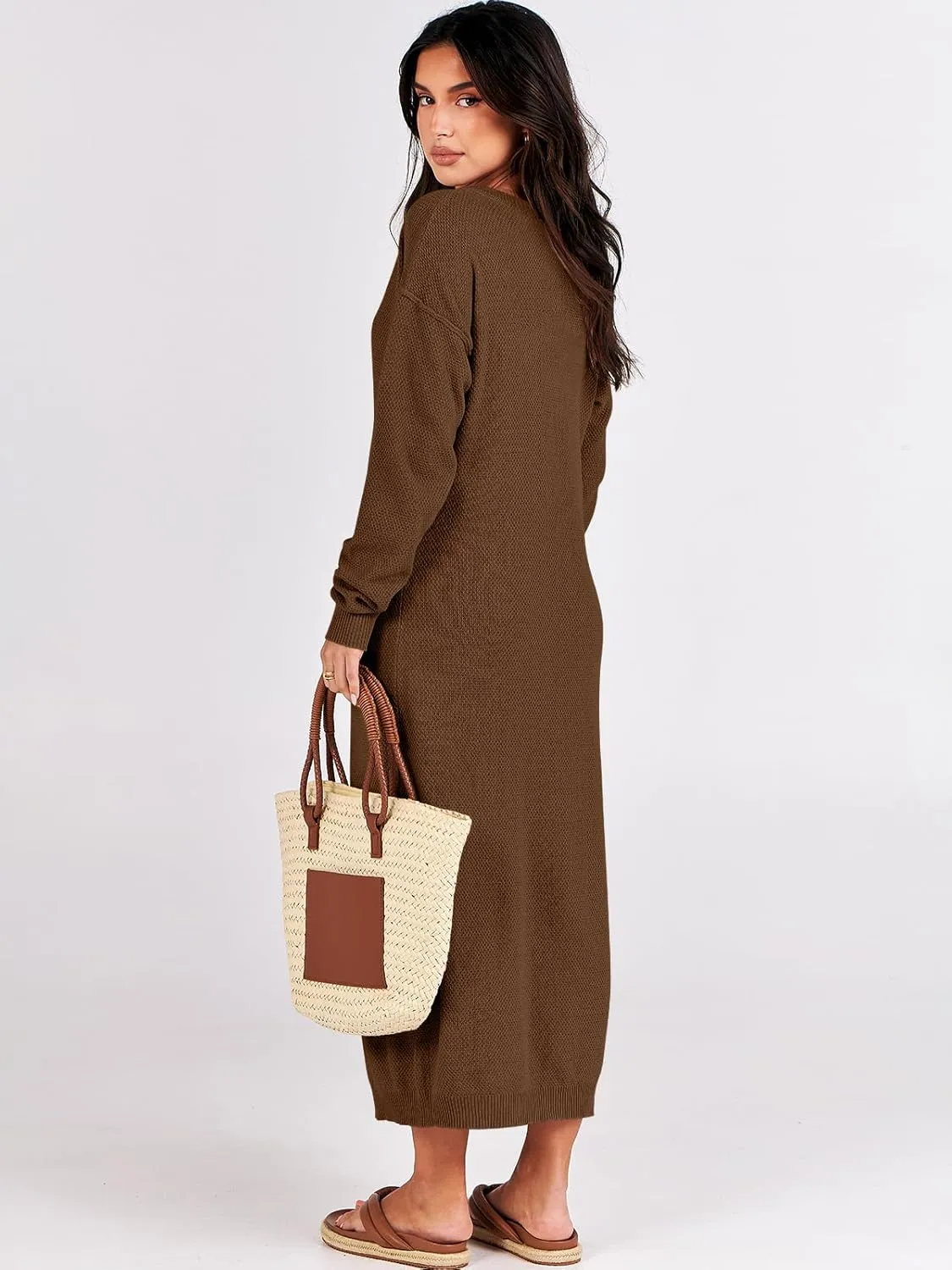 ANRABESS Women Long Sleeve Button V Neck Oversized Casual Loose Fit Waffle Knit Fall Midi Sweater Dress 2025 Trendy Outfits