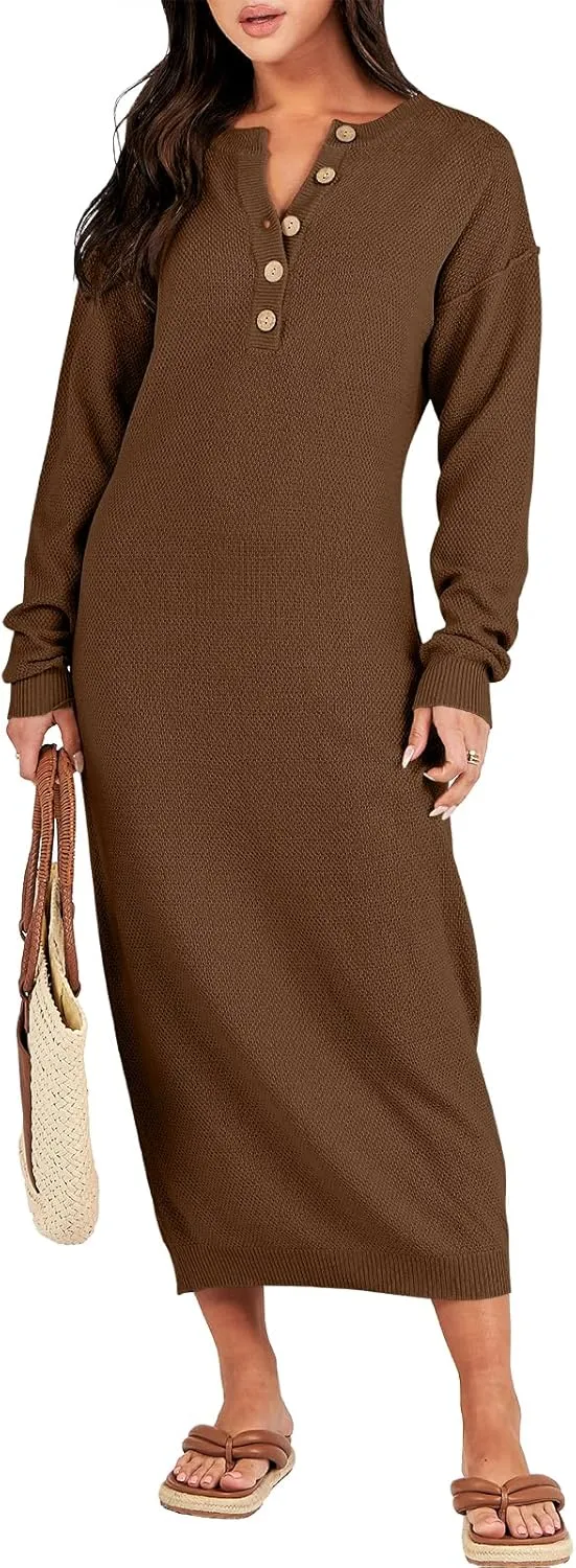 ANRABESS Women Long Sleeve Button V Neck Oversized Casual Loose Fit Waffle Knit Fall Midi Sweater Dress 2025 Trendy Outfits