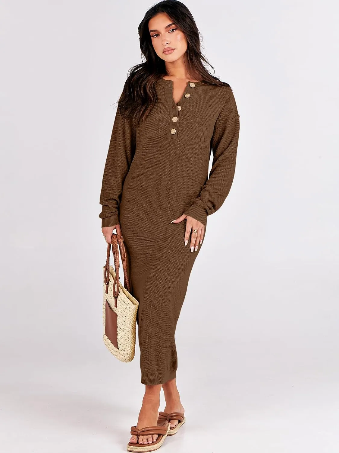 ANRABESS Women Long Sleeve Button V Neck Oversized Casual Loose Fit Waffle Knit Fall Midi Sweater Dress 2025 Trendy Outfits