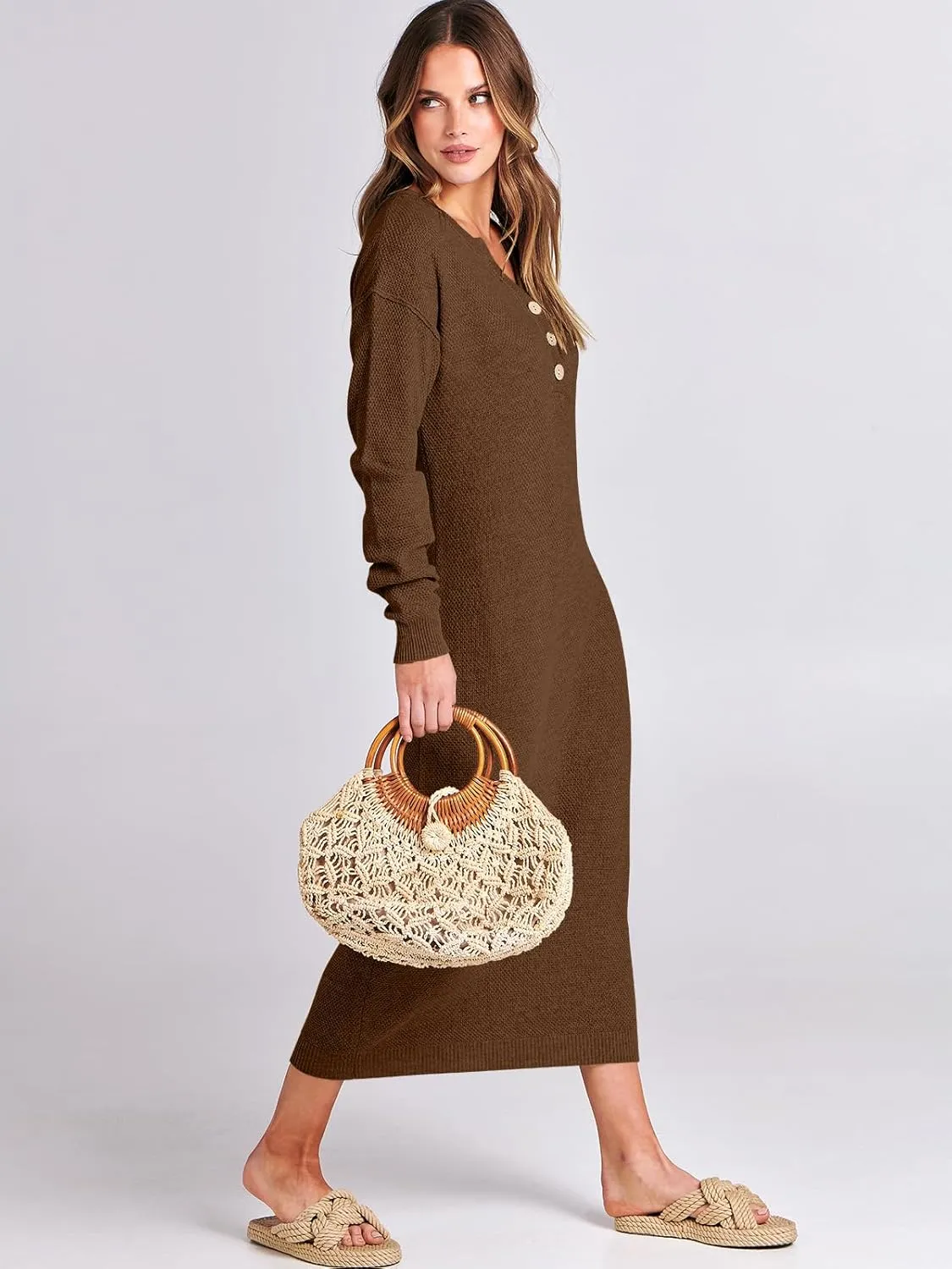 ANRABESS Women Long Sleeve Button V Neck Oversized Casual Loose Fit Waffle Knit Fall Midi Sweater Dress 2025 Trendy Outfits