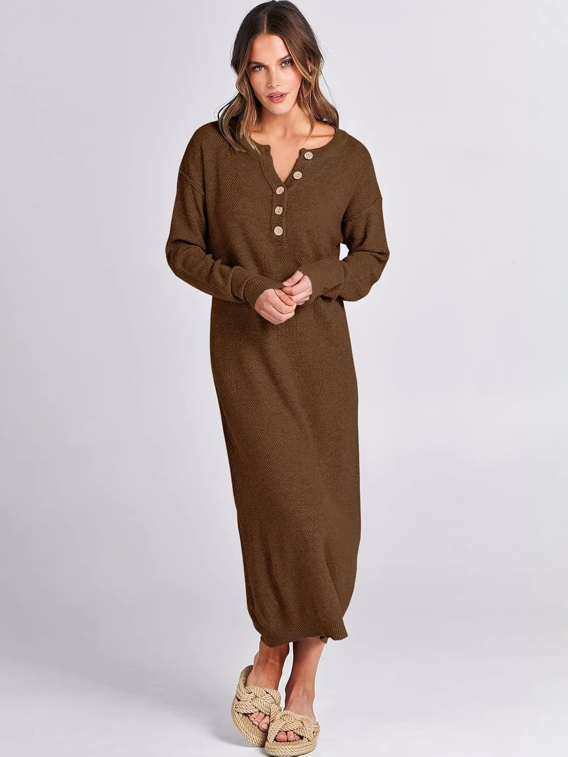 ANRABESS Women Long Sleeve Button V Neck Oversized Casual Loose Fit Waffle Knit Fall Midi Sweater Dress 2025 Trendy Outfits