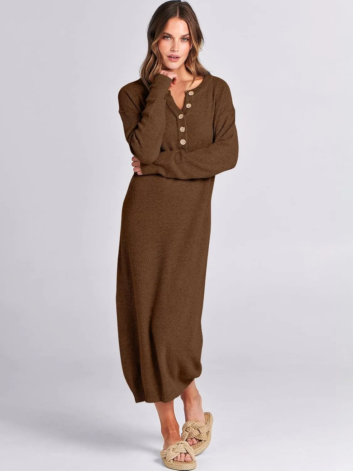 ANRABESS Women Long Sleeve Button V Neck Oversized Casual Loose Fit Waffle Knit Fall Midi Sweater Dress 2025 Trendy Outfits