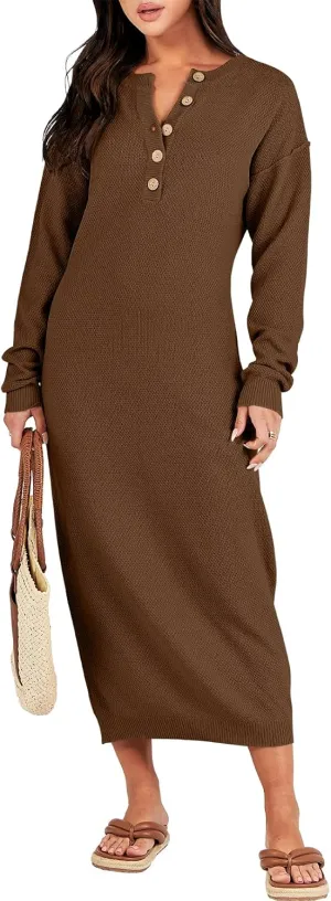 ANRABESS Women Long Sleeve Button V Neck Oversized Casual Loose Fit Waffle Knit Fall Midi Sweater Dress 2025 Trendy Outfits