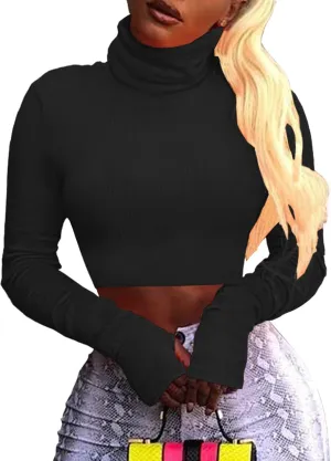 Artfish Women Long Sleeve Turtleneck Crop Tops Neon Ribbed Half Tight Cropped Sweaters Pullovers