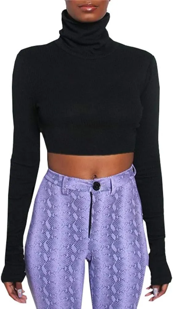 Artfish Women Long Sleeve Turtleneck Crop Tops Neon Ribbed Half Tight Cropped Sweaters Pullovers