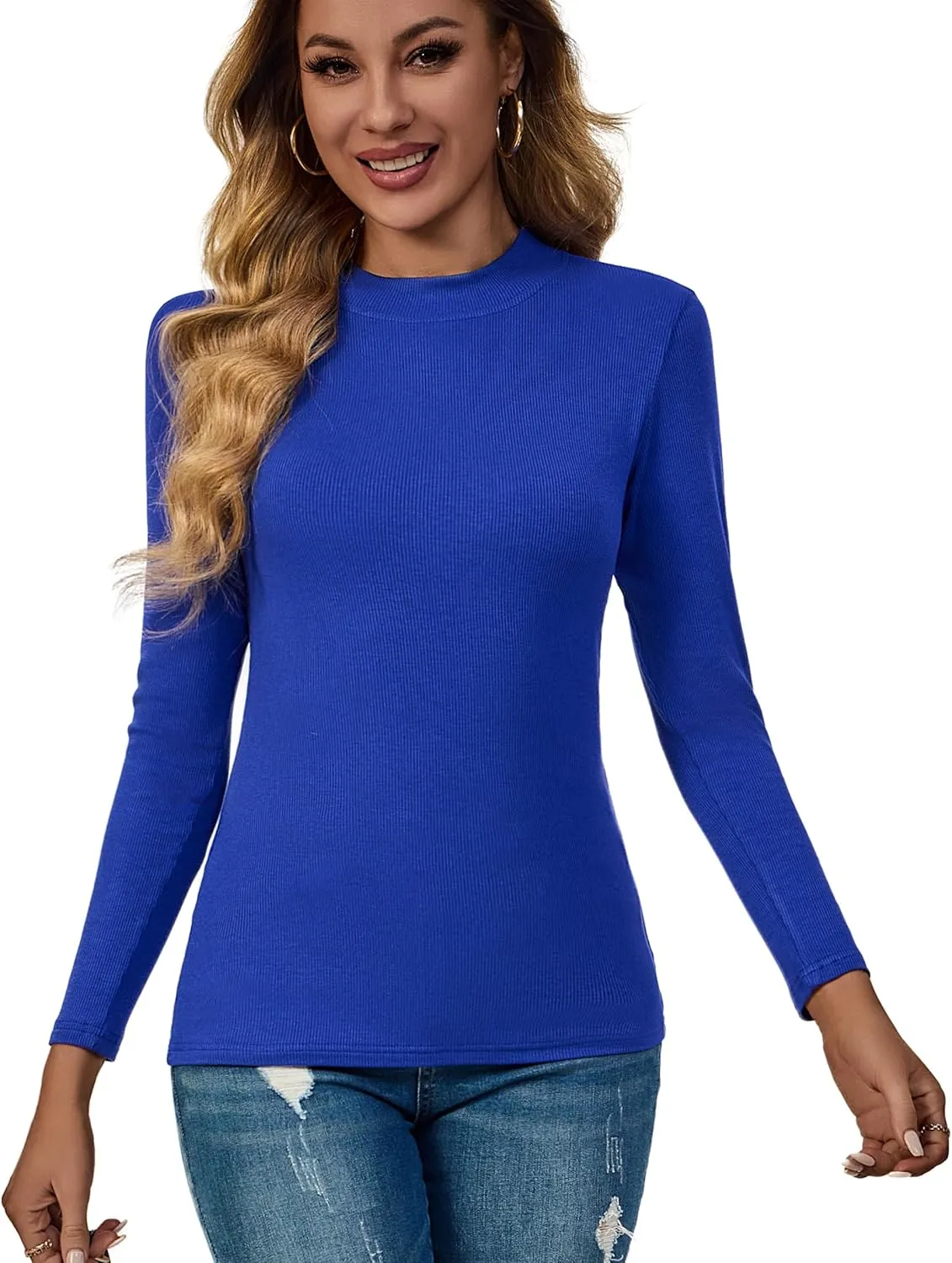 ASAIR Long Sleeve Shirts Women Half-Mock Ribbed Tops Tshirt for Women Basic Trendy Stretchy Lightweight