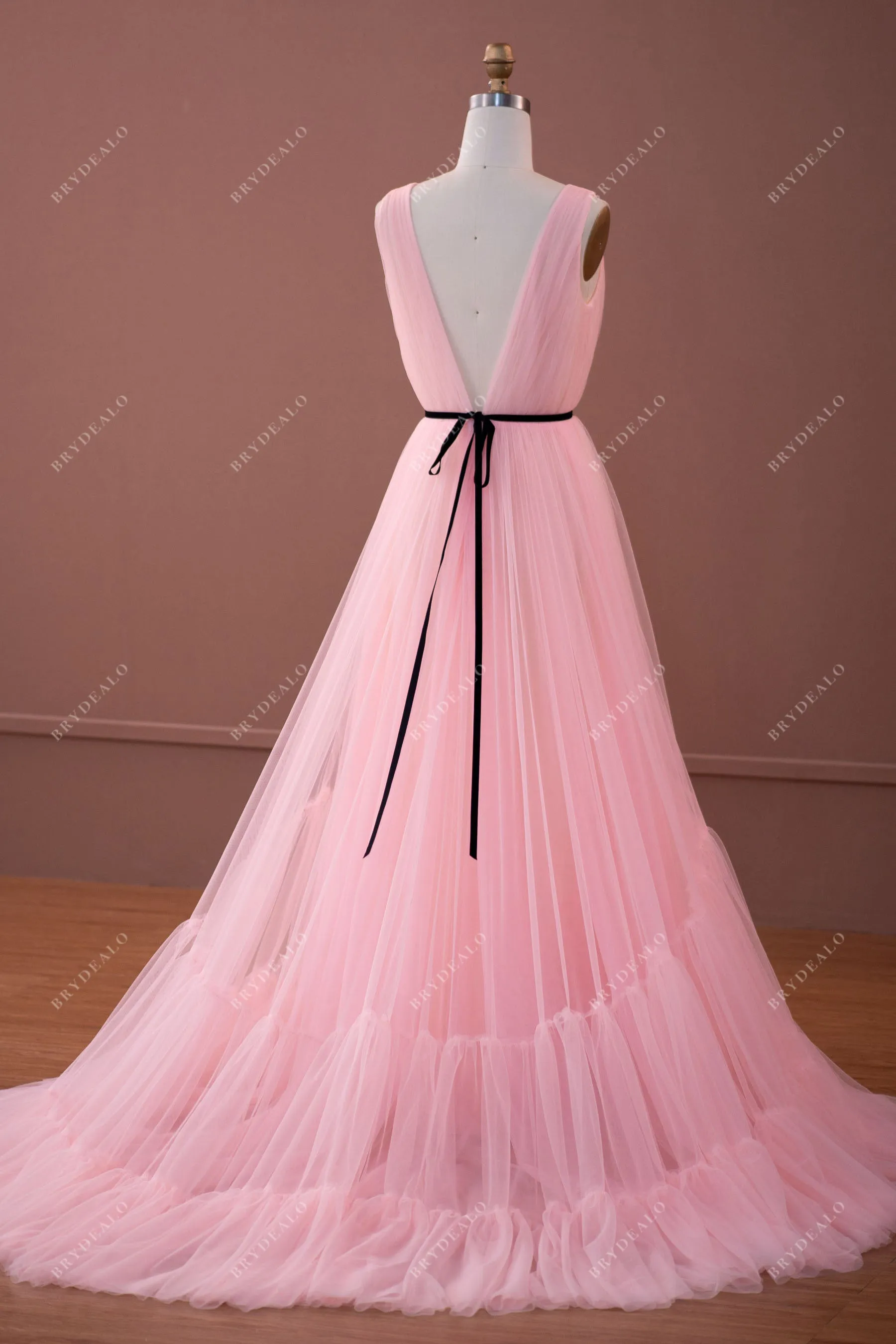 Baby Pink Pleated Tiered Tulle Formal Prom Dress