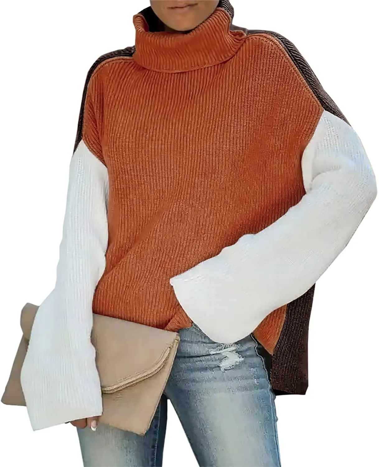 Basicspace Sweater for Women Turtleneck Colorblock Long Sleeve Loose Knit Sweaters Pullover Casual Sweater Tops