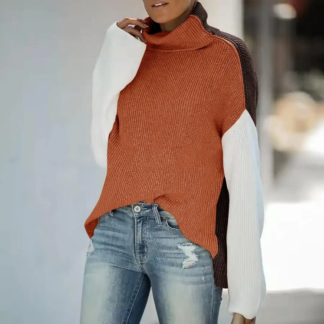 Basicspace Sweater for Women Turtleneck Colorblock Long Sleeve Loose Knit Sweaters Pullover Casual Sweater Tops
