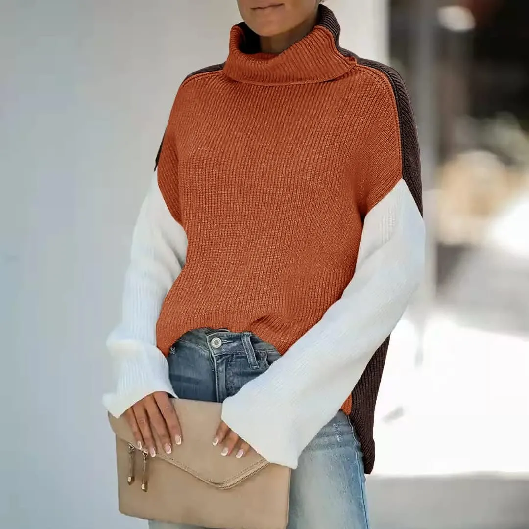 Basicspace Sweater for Women Turtleneck Colorblock Long Sleeve Loose Knit Sweaters Pullover Casual Sweater Tops