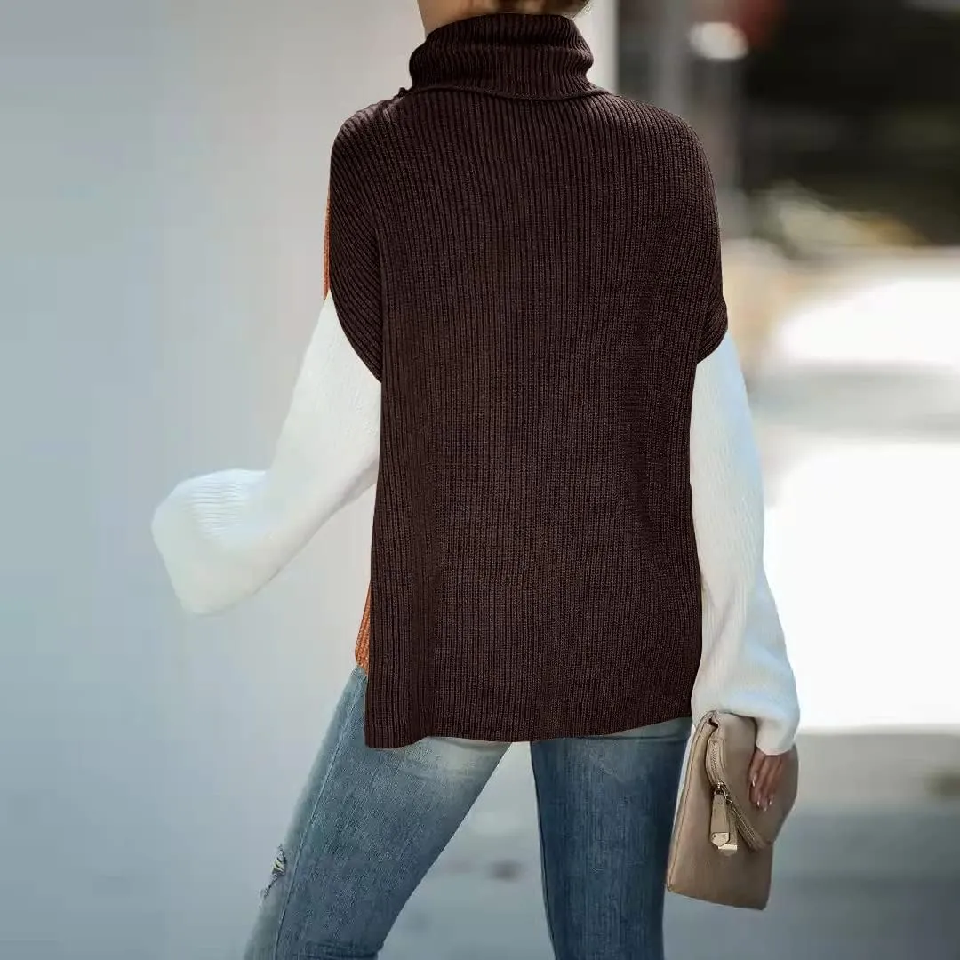 Basicspace Sweater for Women Turtleneck Colorblock Long Sleeve Loose Knit Sweaters Pullover Casual Sweater Tops