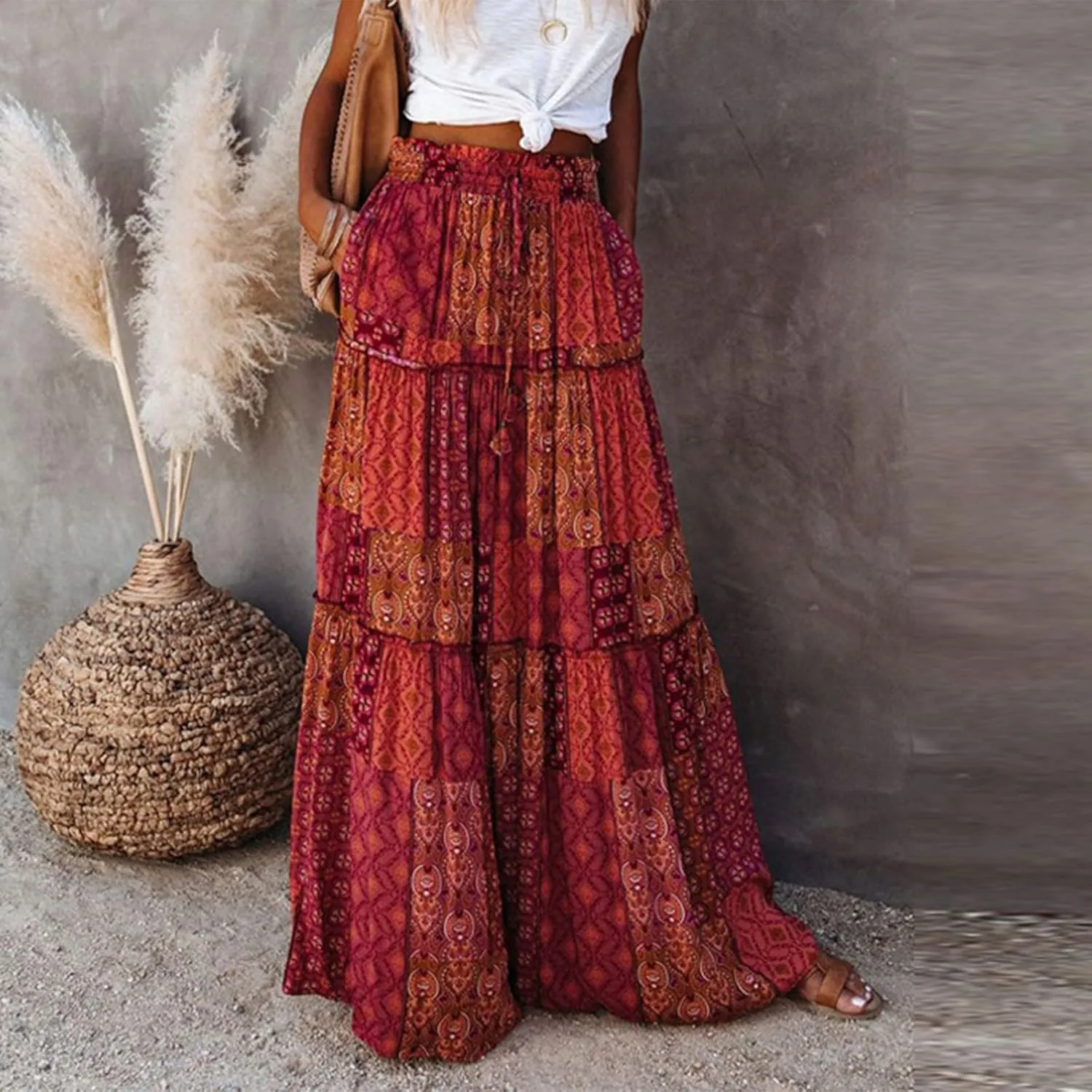 Boho Maxi Skirts for Women 2025 Drawstring High Waisted Tiered Long Flowy Skirt Casual Beach Bohemian A-Line Skirt