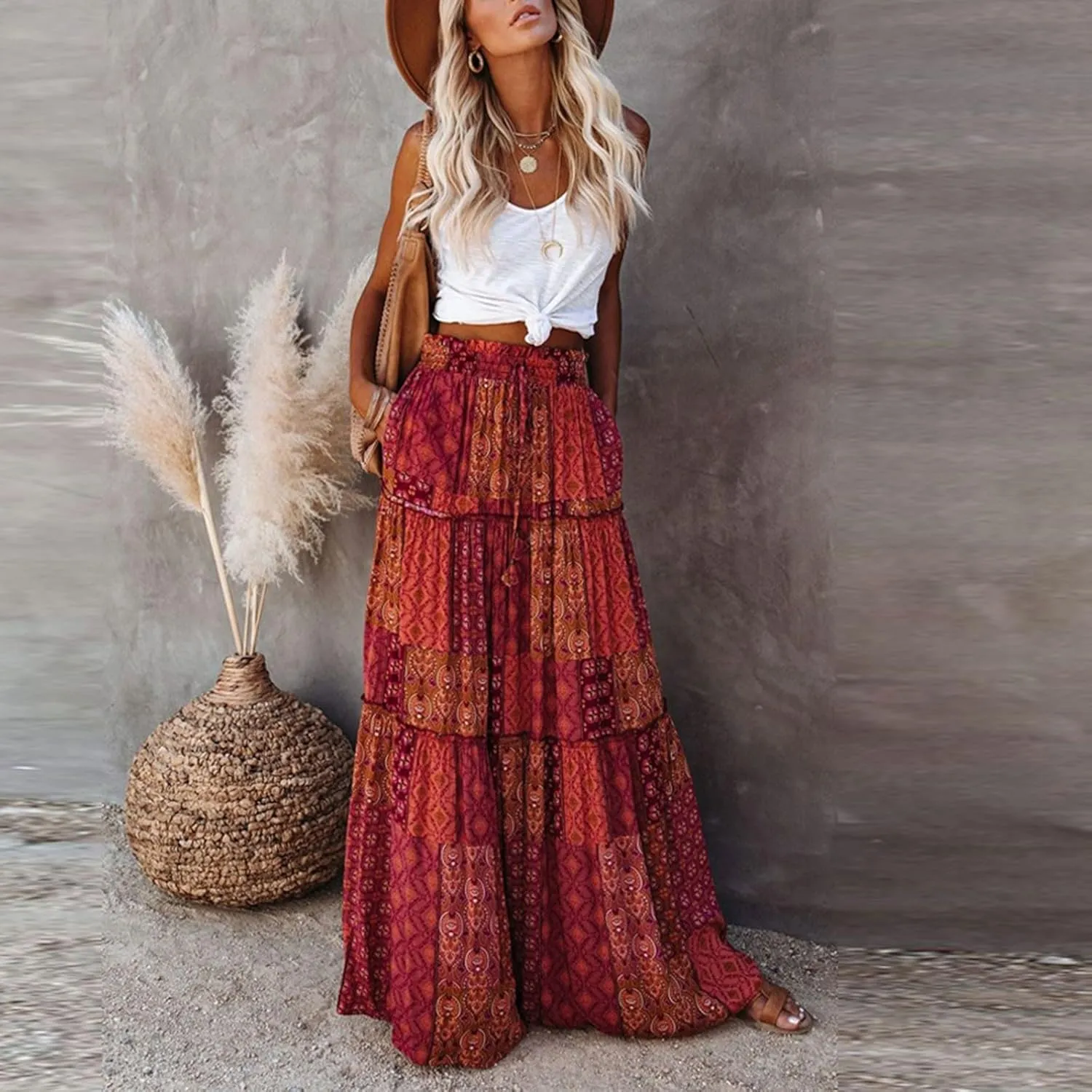 Boho Maxi Skirts for Women 2025 Drawstring High Waisted Tiered Long Flowy Skirt Casual Beach Bohemian A-Line Skirt