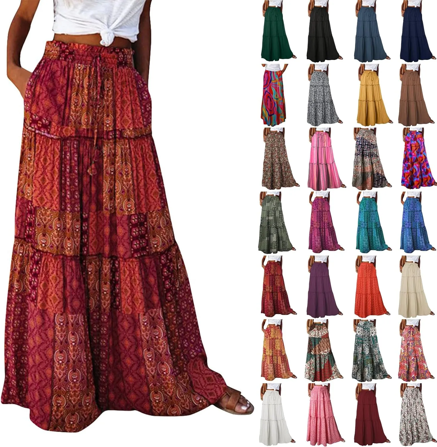 Boho Maxi Skirts for Women 2025 Drawstring High Waisted Tiered Long Flowy Skirt Casual Beach Bohemian A-Line Skirt
