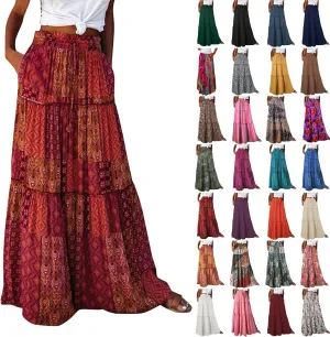 Boho Maxi Skirts for Women 2025 Drawstring High Waisted Tiered Long Flowy Skirt Casual Beach Bohemian A-Line Skirt