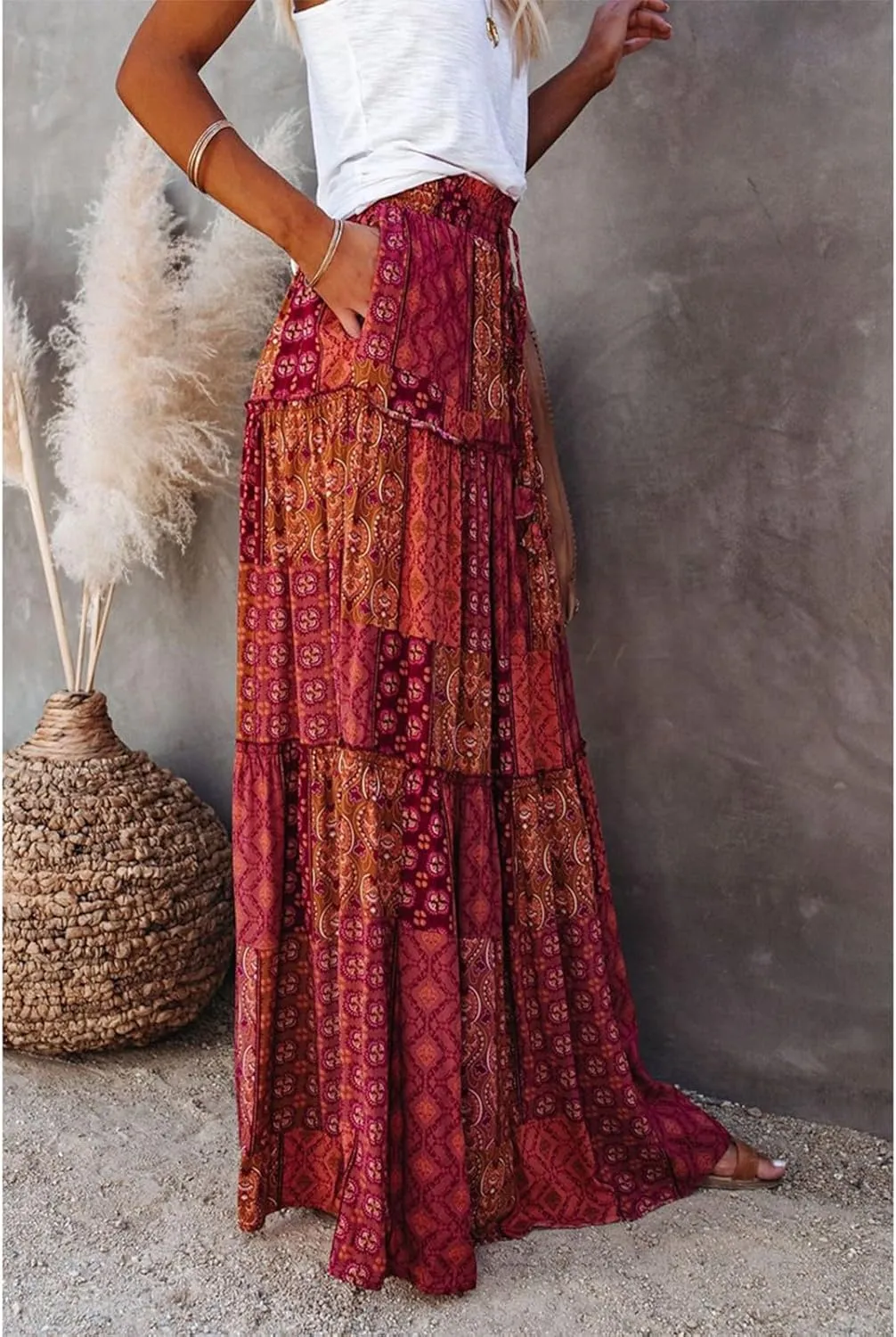 Boho Maxi Skirts for Women 2025 Drawstring High Waisted Tiered Long Flowy Skirt Casual Beach Bohemian A-Line Skirt
