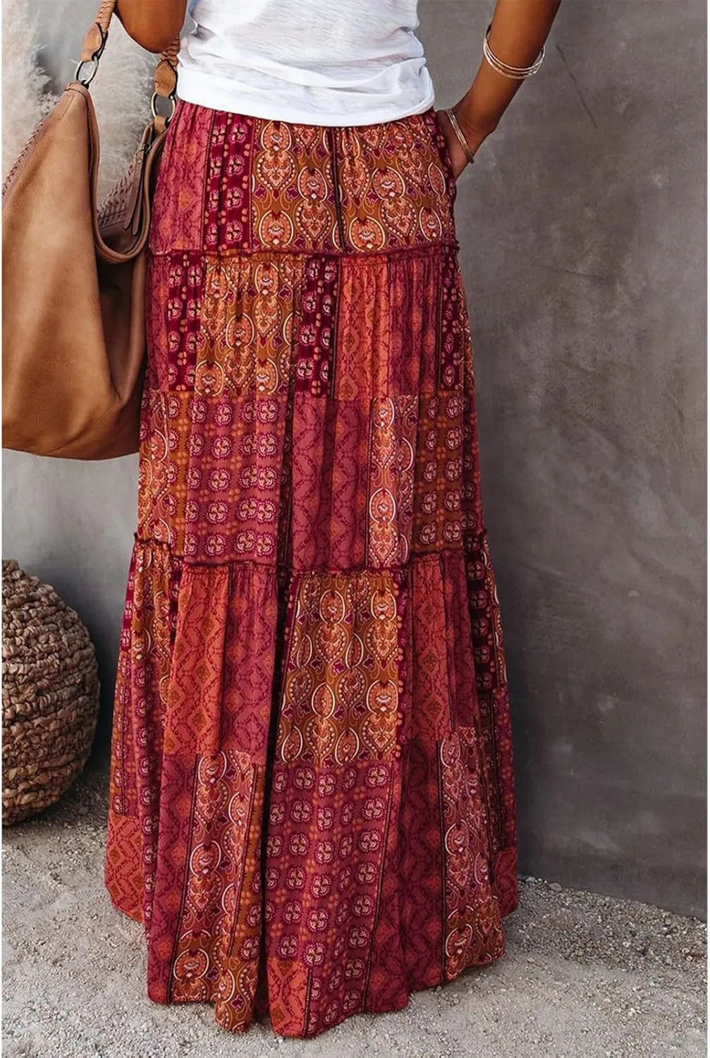 Boho Maxi Skirts for Women 2025 Drawstring High Waisted Tiered Long Flowy Skirt Casual Beach Bohemian A-Line Skirt
