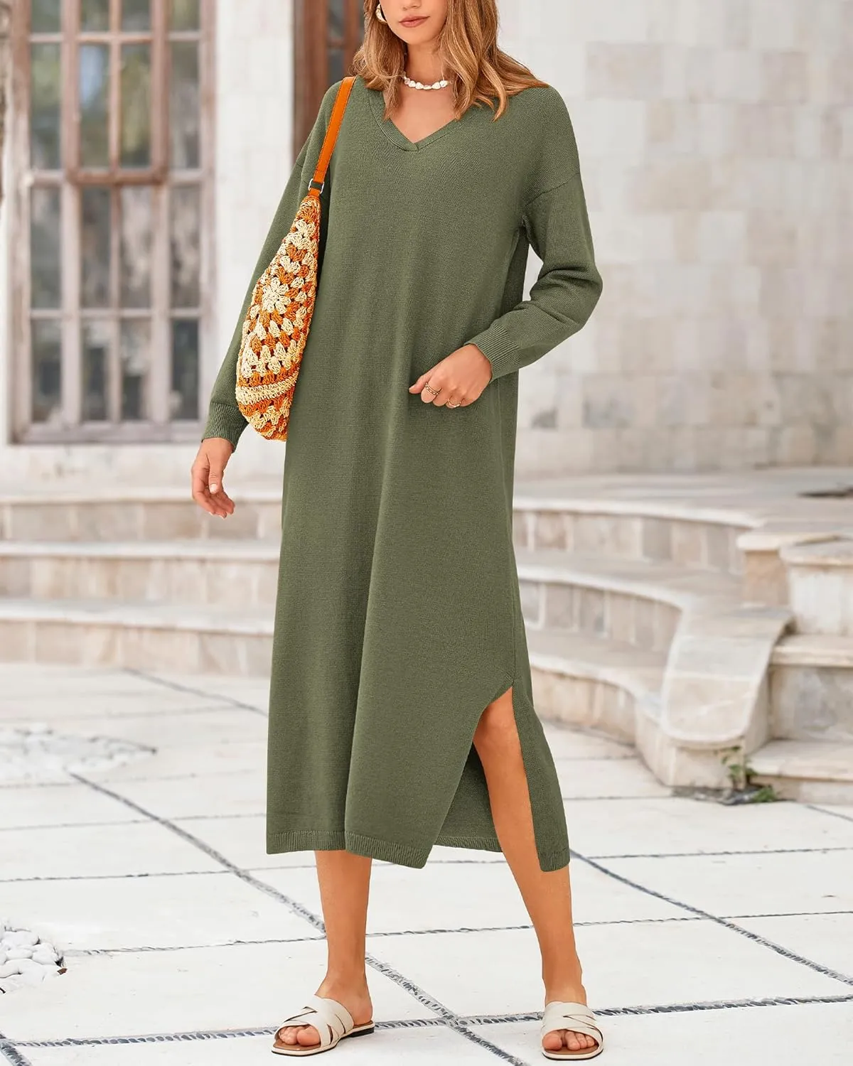 BTFBM Women Fall Sweater Dress Casual V Neck Long Sleeve Slit Knit Oversized Maternity Sweaters Maxi Dresses 2025 Winter