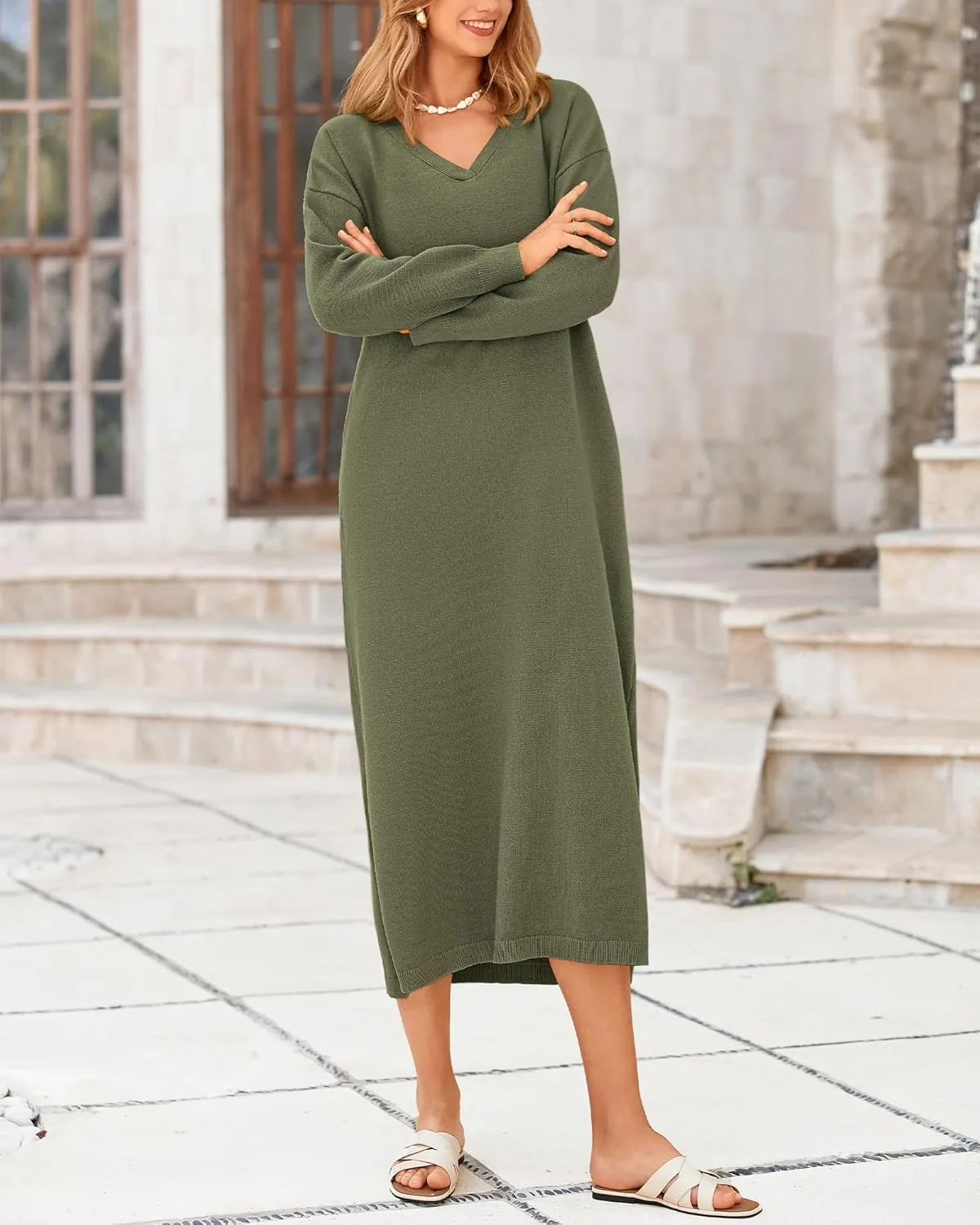 BTFBM Women Fall Sweater Dress Casual V Neck Long Sleeve Slit Knit Oversized Maternity Sweaters Maxi Dresses 2025 Winter