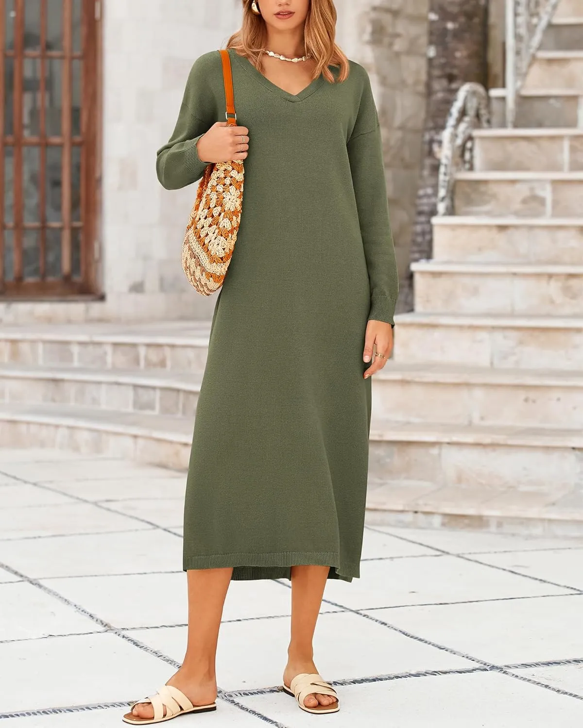 BTFBM Women Fall Sweater Dress Casual V Neck Long Sleeve Slit Knit Oversized Maternity Sweaters Maxi Dresses 2025 Winter
