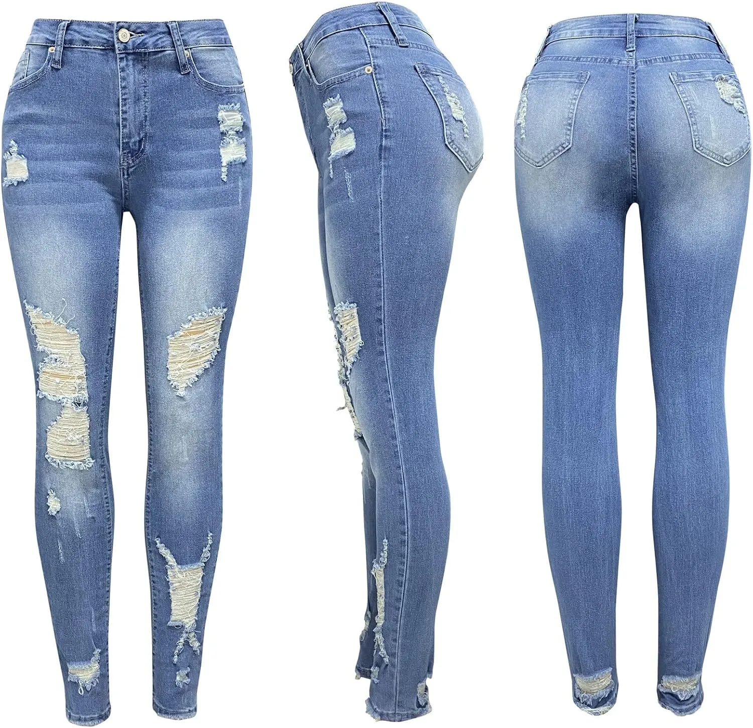 Capri Jeans for Women Stretchy Mid Rise Ripped Jeans Straight Leg Cropped Jean Raw Hem Distressed Denim Capri Pants