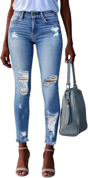 Capri Jeans for Women Stretchy Mid Rise Ripped Jeans Straight Leg Cropped Jean Raw Hem Distressed Denim Capri Pants