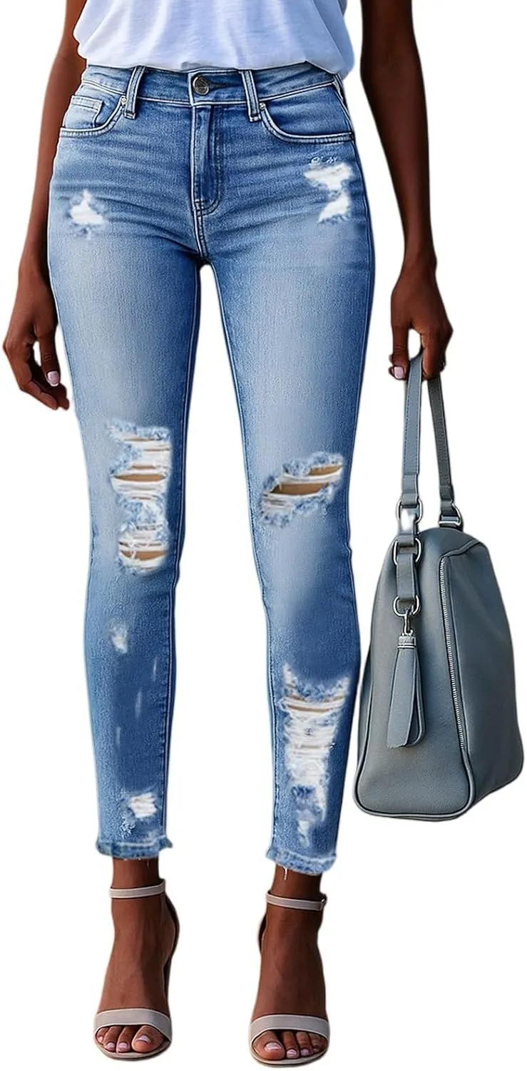 Capri Jeans for Women Stretchy Mid Rise Ripped Jeans Straight Leg Cropped Jean Raw Hem Distressed Denim Capri Pants