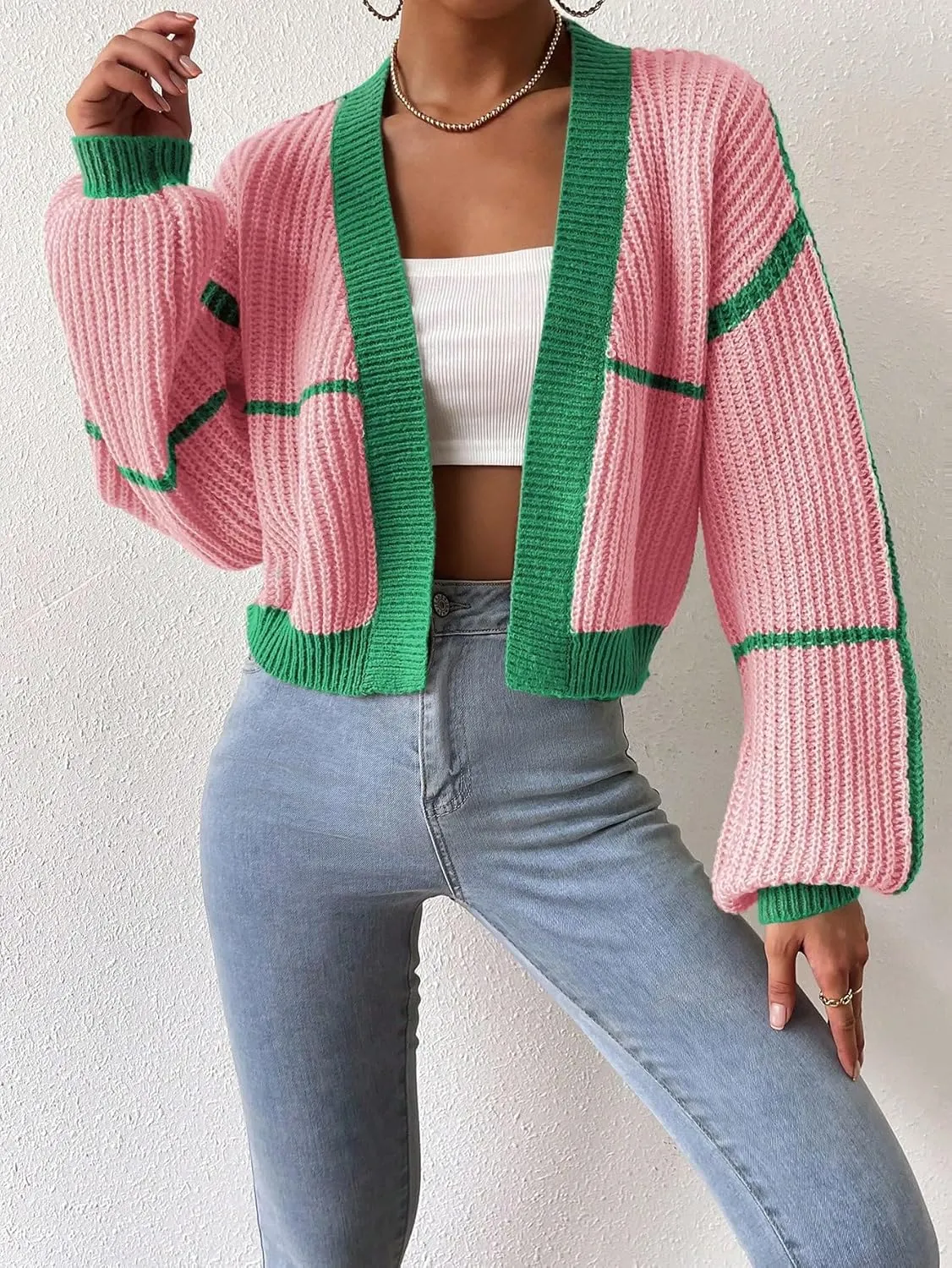 COZYEASE Women's Color Block Crop Cardigan Top Bishop Long Sleeve Open Front Sweater