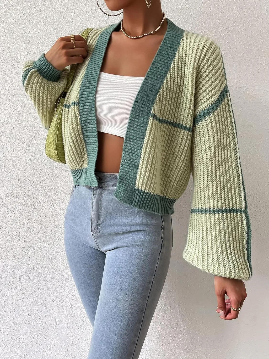 COZYEASE Women's Color Block Crop Cardigan Top Bishop Long Sleeve Open Front Sweater