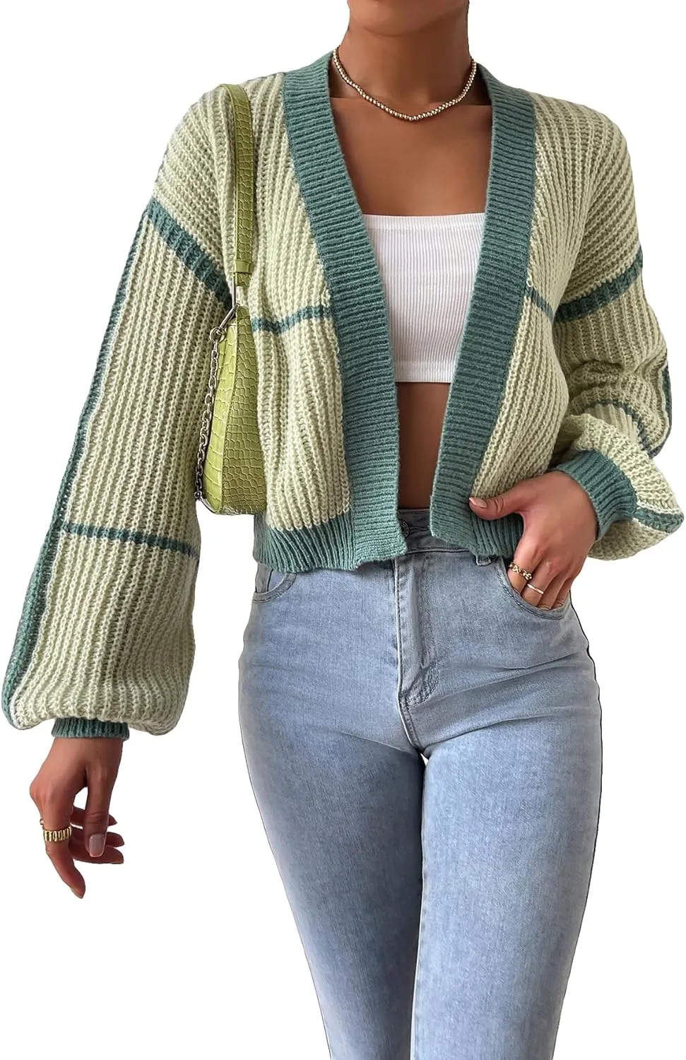 COZYEASE Women's Color Block Crop Cardigan Top Bishop Long Sleeve Open Front Sweater