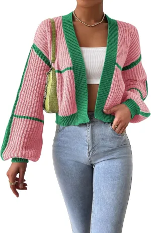 COZYEASE Women's Color Block Crop Cardigan Top Bishop Long Sleeve Open Front Sweater