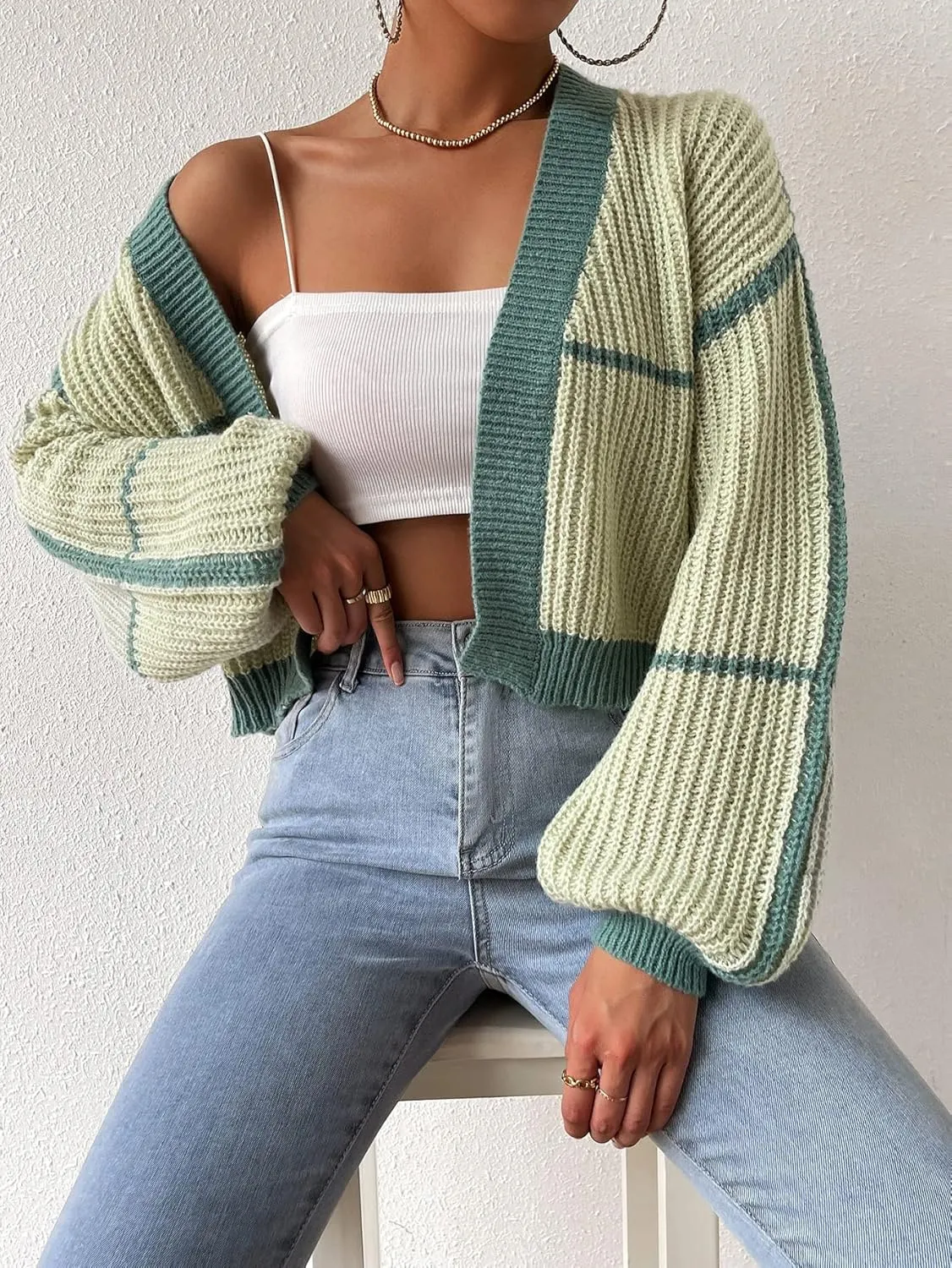 COZYEASE Women's Color Block Crop Cardigan Top Bishop Long Sleeve Open Front Sweater