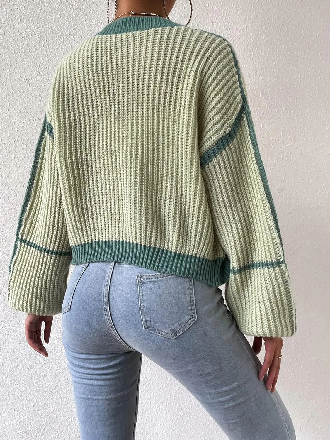 COZYEASE Women's Color Block Crop Cardigan Top Bishop Long Sleeve Open Front Sweater