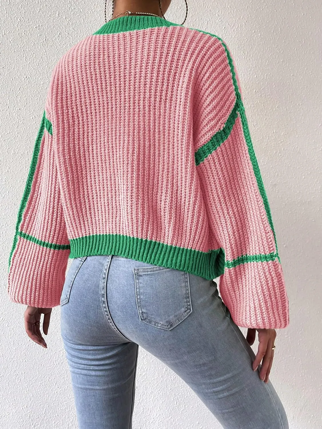 COZYEASE Women's Color Block Crop Cardigan Top Bishop Long Sleeve Open Front Sweater