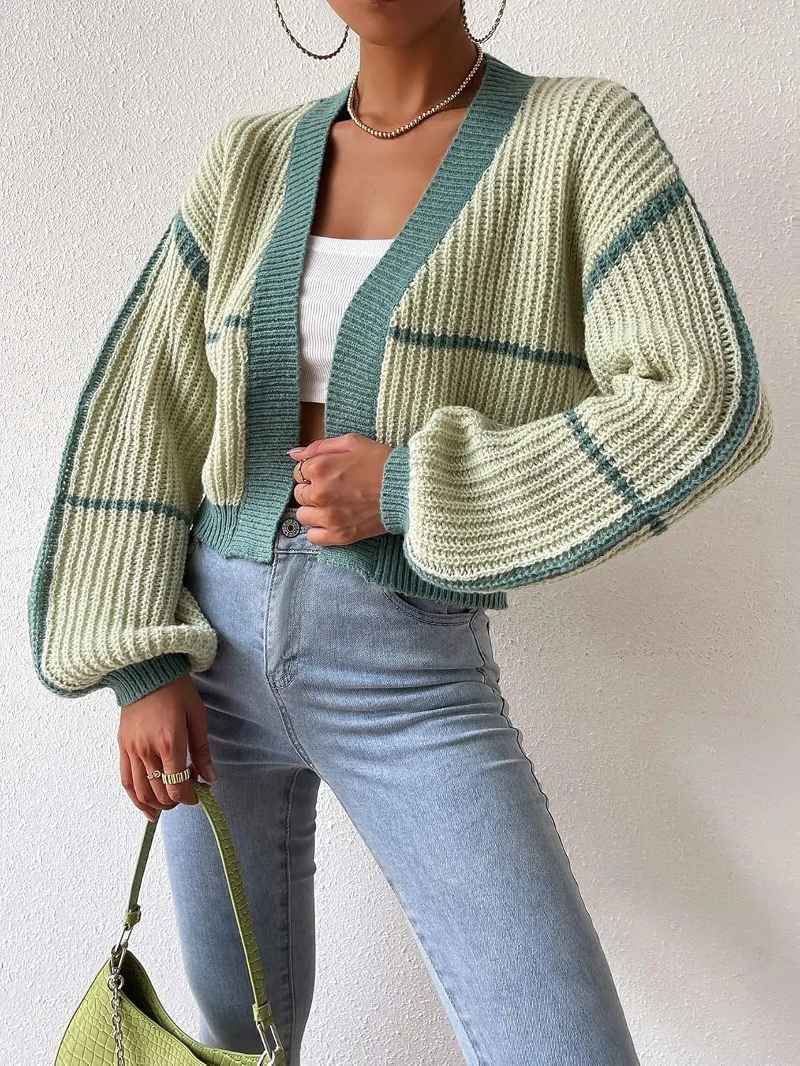 COZYEASE Women's Color Block Crop Cardigan Top Bishop Long Sleeve Open Front Sweater