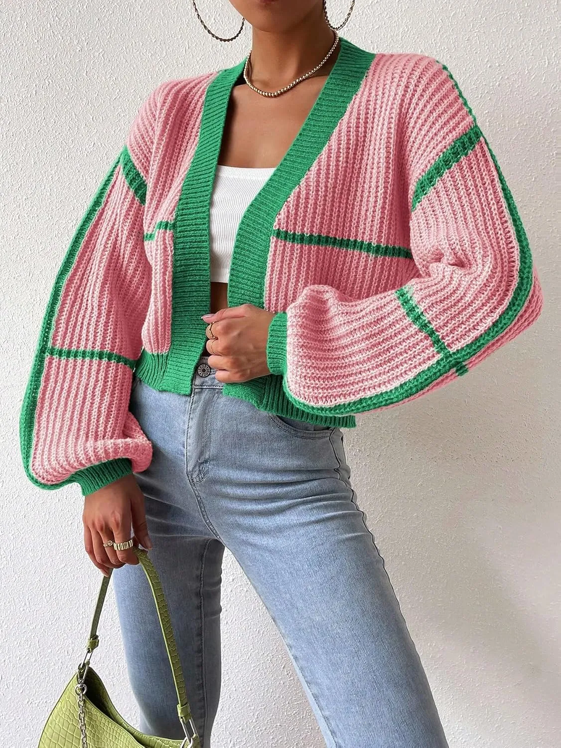 COZYEASE Women's Color Block Crop Cardigan Top Bishop Long Sleeve Open Front Sweater