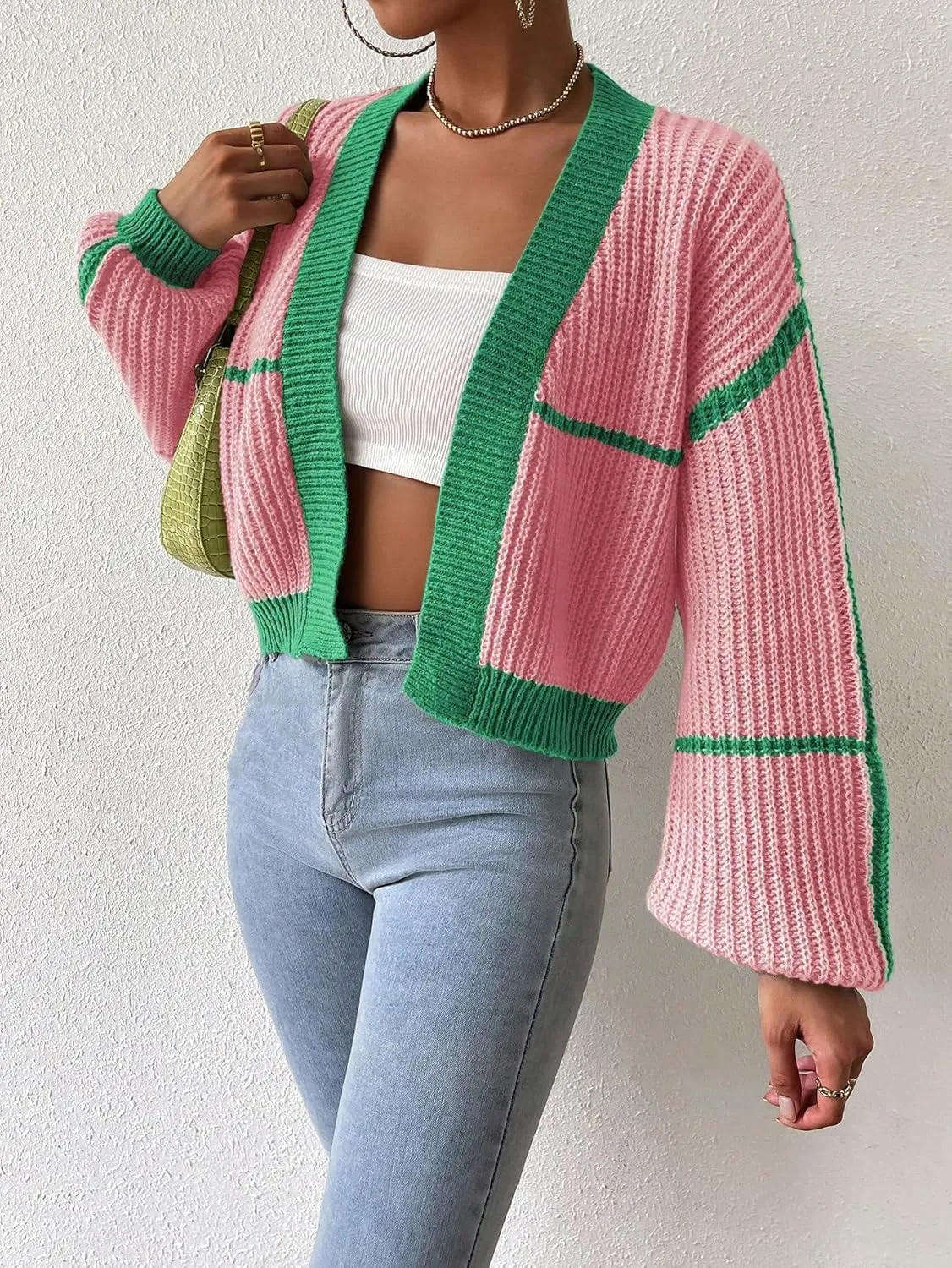 COZYEASE Women's Color Block Crop Cardigan Top Bishop Long Sleeve Open Front Sweater