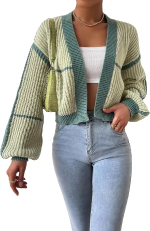 COZYEASE Women's Color Block Crop Cardigan Top Bishop Long Sleeve Open Front Sweater